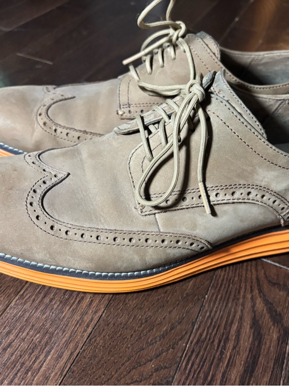 Cole Haan Original Grand Taupe Wingtip Derby with Orange Sole